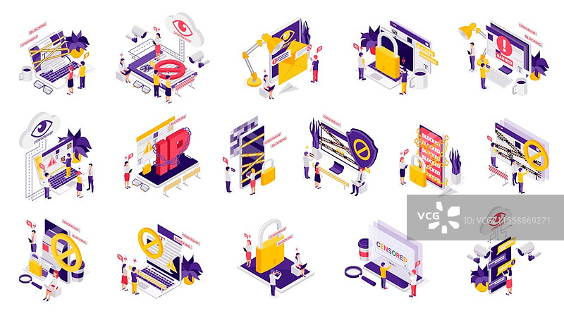 互联网审查符号等距图标集，包括账户封锁、锁定的密码、IP 链接、拒绝访问的孤立矢量插图。互联网审查等距图集。图片素材