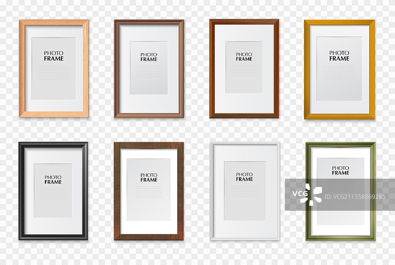 各种颜色的矩形A4纸尺寸相框，木质、塑料、金属，逼真的透明背景矢量插图。A4相框套装透明。图片素材