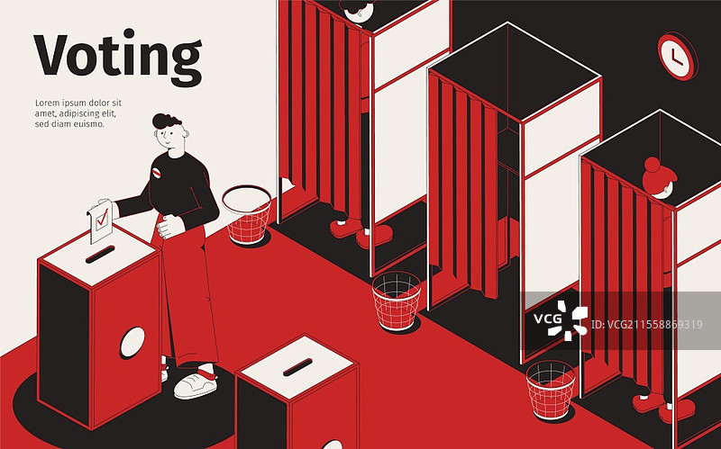投票等距背景，带有一排填写选票的隔间，配有孔和文本的矢量插图图片素材
