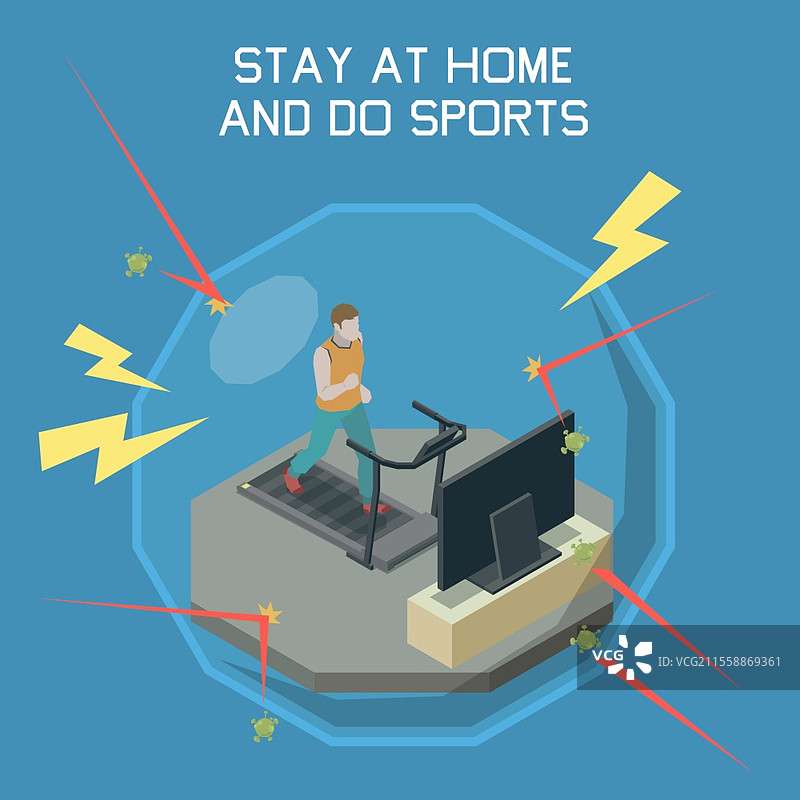 居家概念与运动符号的等距矢量插图图片素材