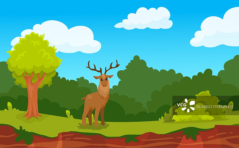 森林游戏场景背景，带有鹿和木材的扁平矢量插图图片素材