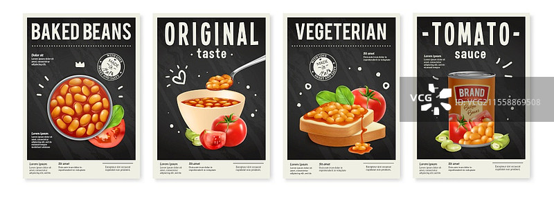 带有番茄酱烤豆的锡碗和吐司的逼真海报组合插图图片素材