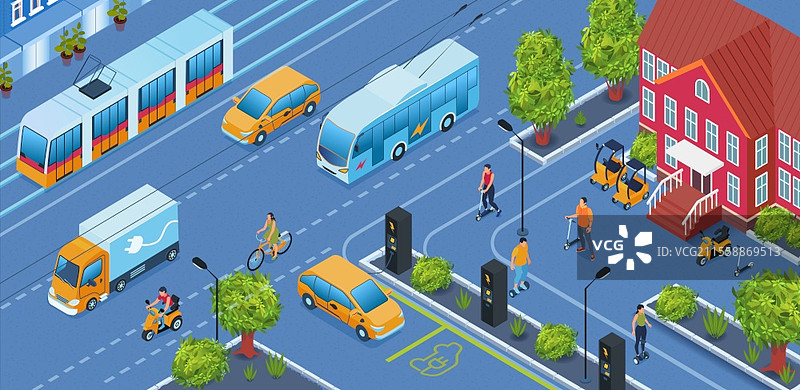 电动交通等距背景，包含汽车、卡车和电车符号的矢量插图图片素材