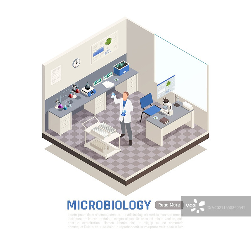 微生物学等距构图，男性科学家在实验室中进行研究的3D矢量插图图片素材