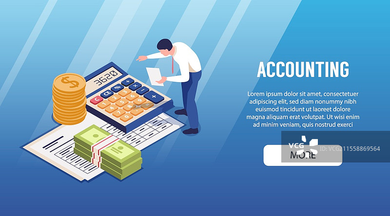 会计横向等距网页着陆页横幅，包含财务报告分析、计算器、钞票和硬币堆的矢量插图图片素材