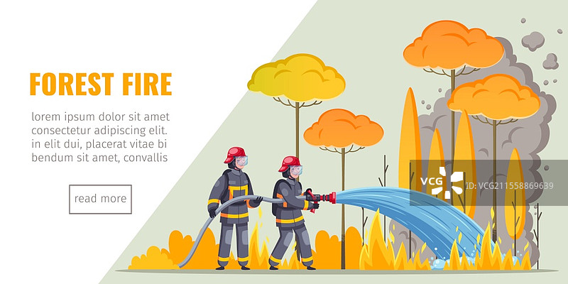 消防员横幅，卡通形象的消防员扑灭森林火灾，带有文本和“阅读更多”按钮的矢量插图图片素材