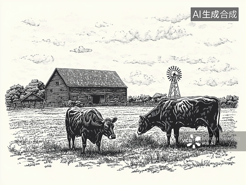 【AI数字艺术】黑白牧场和奶牛插画图片素材
