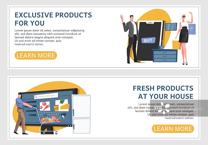 在线商店横幅平面横幅套件，专为您提供独家产品和新鲜产品送到您家中的标题矢量插图图片素材