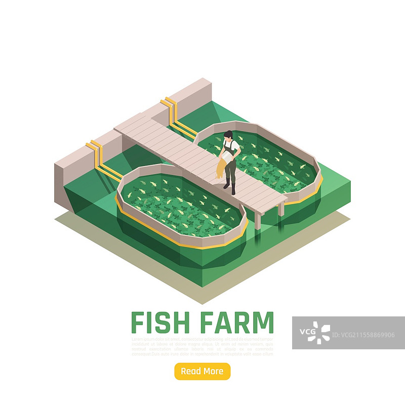 自然资源水产养殖等距网页元素，渔场生产工人喂养鱼苗的矢量插图图片素材