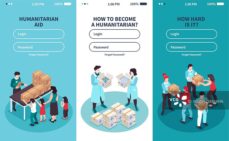 垂直等距图标集，包含登录表单和提供人道主义支持的志愿者3D孤立矢量插图图片素材