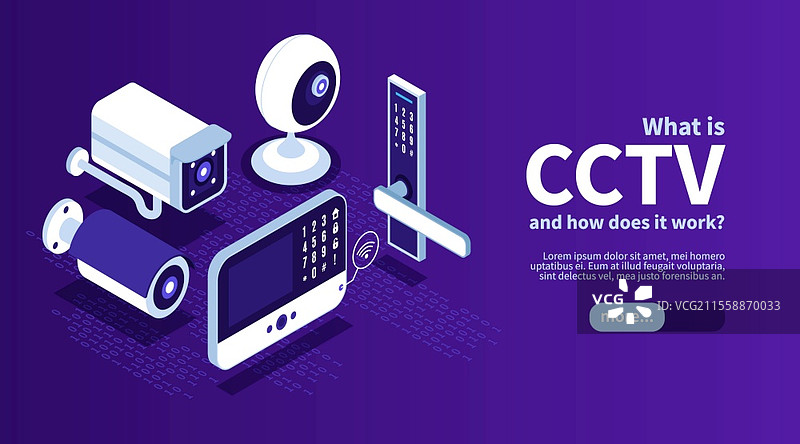 等距智能家居横幅，带有可编辑文本和视频监控系统的图像及更多按钮的矢量插图图片素材