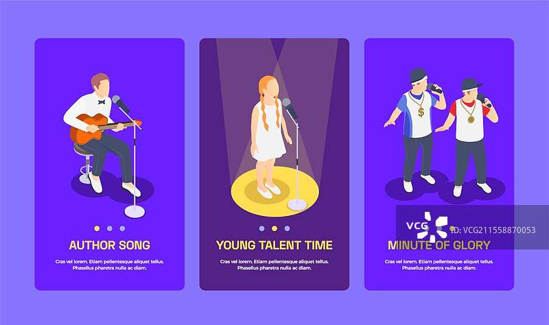 三个等距横幅，展示人们和孩子们在电视才艺秀上唱歌的3D孤立矢量插图图片素材