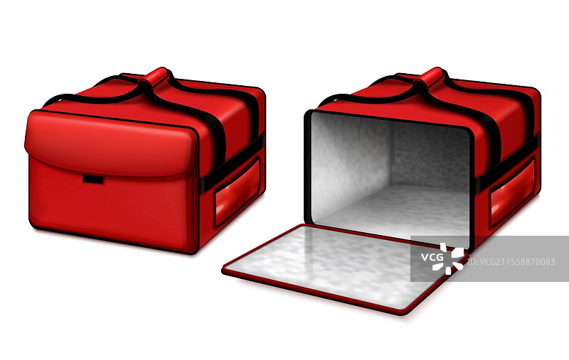 热食外卖快递员的保温披萨袋，打开和关闭状态，鲜艳的红色，逼真的矢量插图合集图片素材