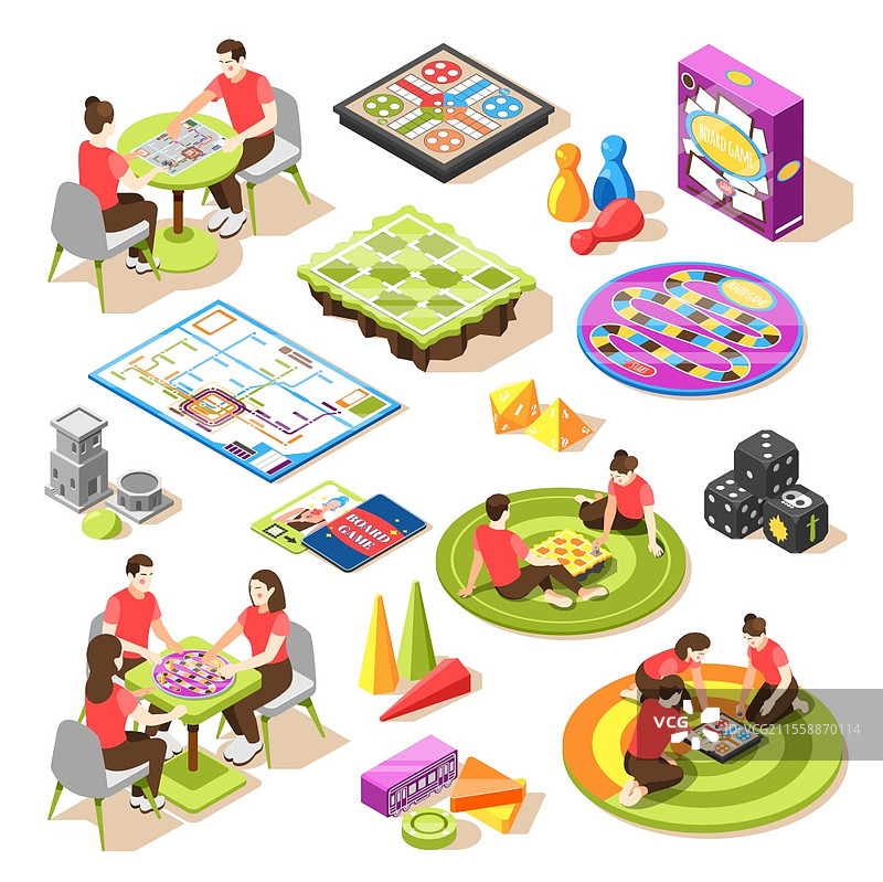 桌游等角图标集，包含各种工具元素、棋子和骰子，独立的矢量插图图片素材
