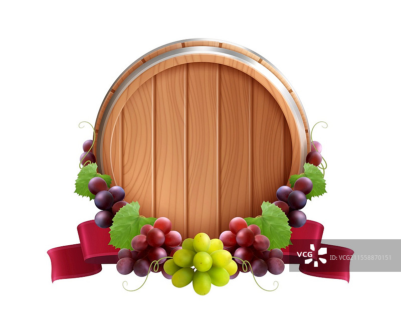 木桶徽章的逼真构图，周围环绕着葡萄藤和系在酒桶上的红色丝带矢量插图图片素材