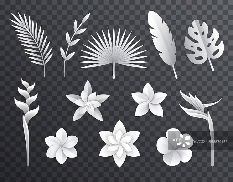 白色纸张热带叶子和花朵图标集，透明背景，配有纸艺材料图像的矢量插图图片素材
