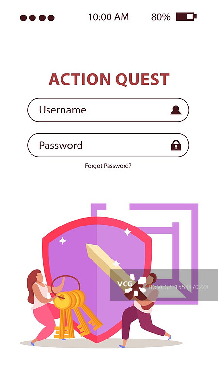 移动版网站的任务游戏扁平垂直背景，包含用户名和密码字段以及涂鸦图像的矢量插图图片素材