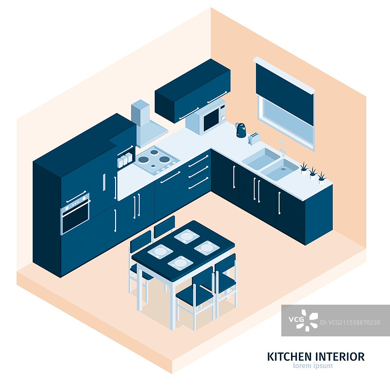 等距厨房构图，带有文字和室内用餐区的视图，包含炉具、厨房用具和橱柜的矢量插图图片素材