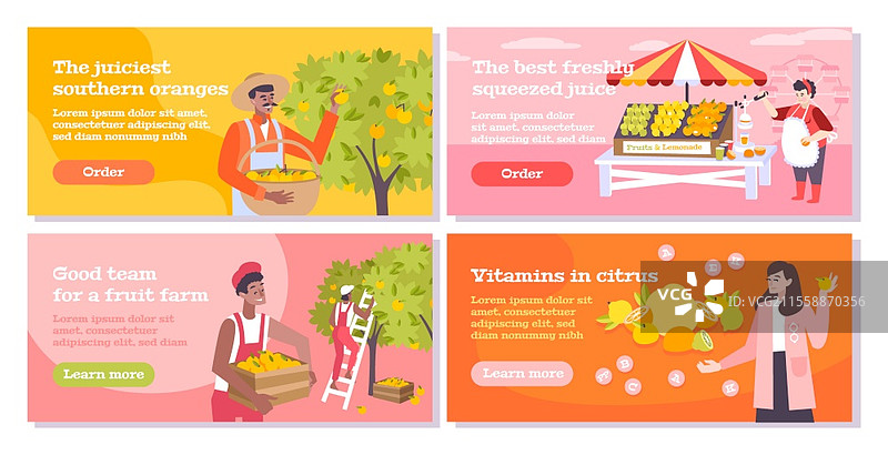 柑橘平面横幅集，展示人们在南方农场采摘橙子，水果和果汁的卖家与买家，矢量插图图片素材