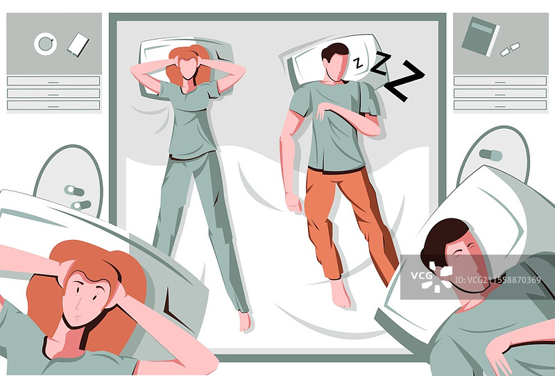 打鼾睡眠呼吸暂停的平面构图，卧室景观和旁边对打鼾男人感到烦恼的女人的矢量插图图片素材