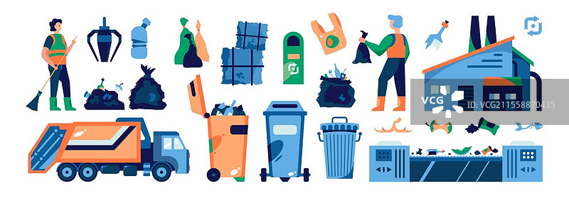 垃圾回收横向图集，带有废物分类符号的平面插图图片素材