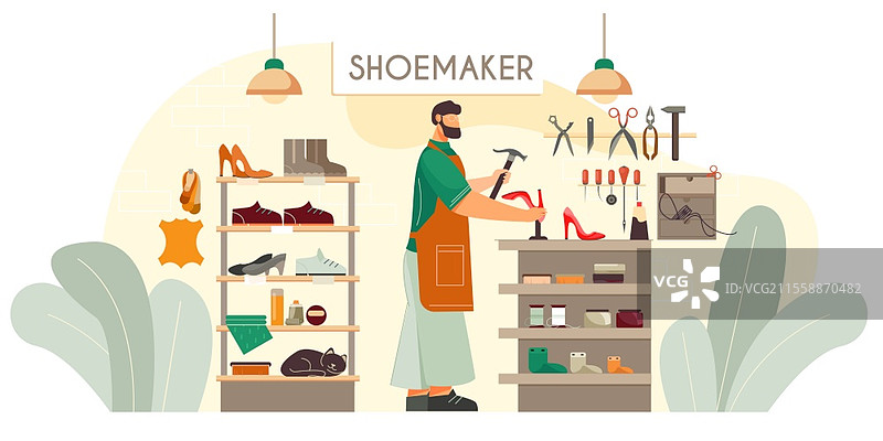 鞋匠定制鞋类修理服务，修复女士红色高跟鞋的鞋跟，扁平构图矢量插图图片素材