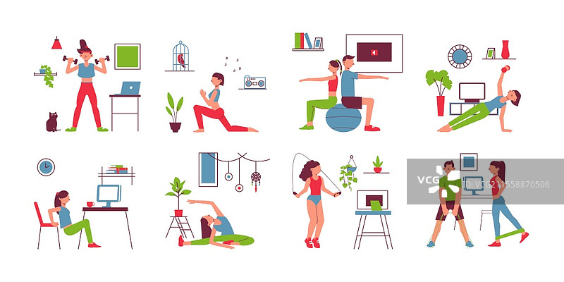 瑜伽健身家庭平面图标集，包括球、平衡、拉伸、跳绳、椅子、深蹲练习的矢量插图图片素材