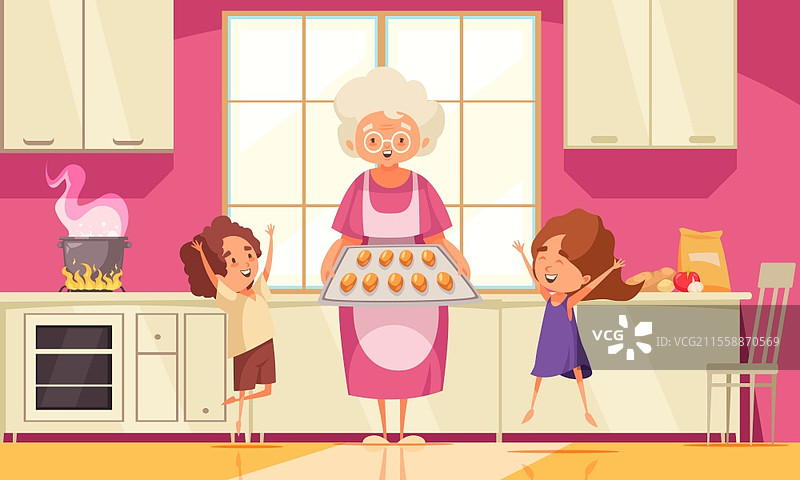 奶奶在厨房做饭，快乐的孙子孙女们在旁边，扁平风格插图图片素材