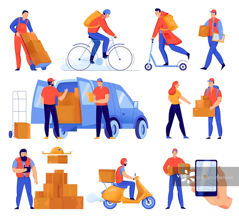 平面图标集，展示送货服务人员通过汽车、滑板车、自行车和无人机送递包裹的插图，独立的矢量图。图片素材