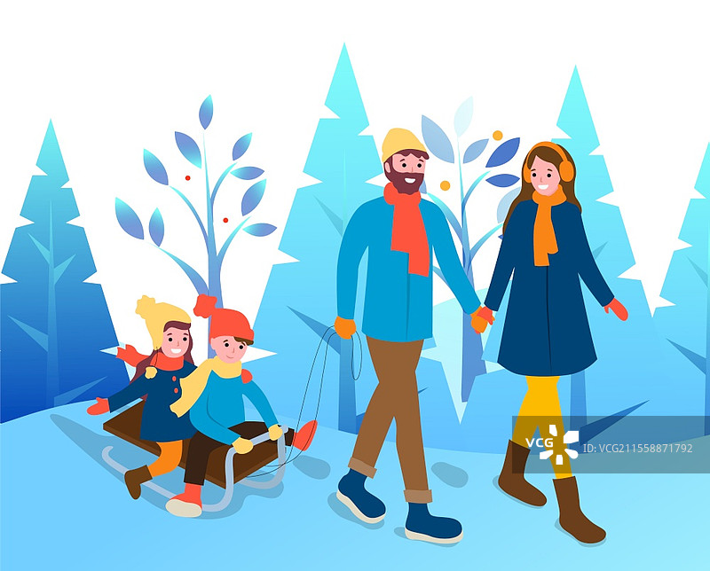 一家人在冬季雪地公园散步。父母在寒冷的天气中手牵手，孩子们在坡道上滑雪橇。人们穿着温暖的衣服，如帽子、围巾和外套。带着孩子的夫妇一起走过冬季公园。图片素材