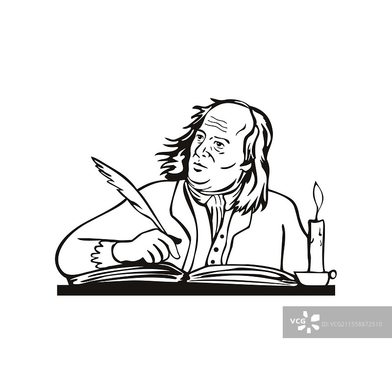 本杰明·富兰克林的复古风格插图，他是一位美国博学家和美国开国元勋，正在孤立背景下用羽毛笔写作，黑白色调。图片素材