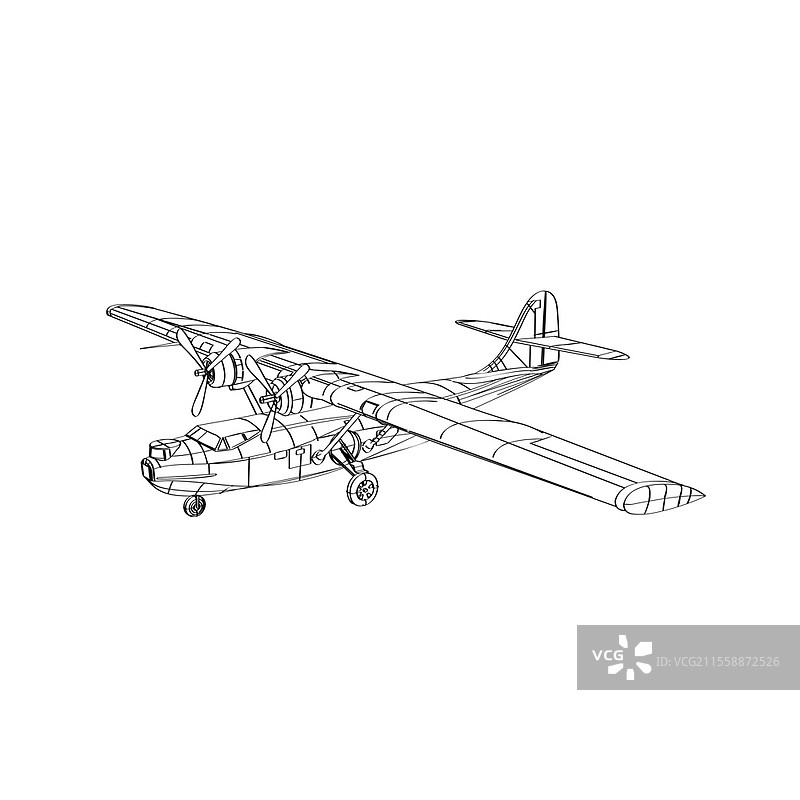 单线条风格的黑白插图，描绘了康索利德ated PBY 卡塔利娜，这是一种在1930年代和1940年代生产的水上飞机、巡逻轰炸机和两栖飞机。图片素材
