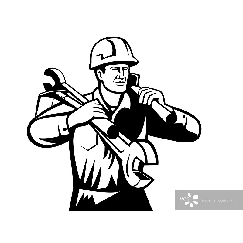 黑白插图，展示了一位穿着安全帽的修理工或建筑工人，手持扳手和铲子，正面视角，背景为单色，采用复古风格。图片素材