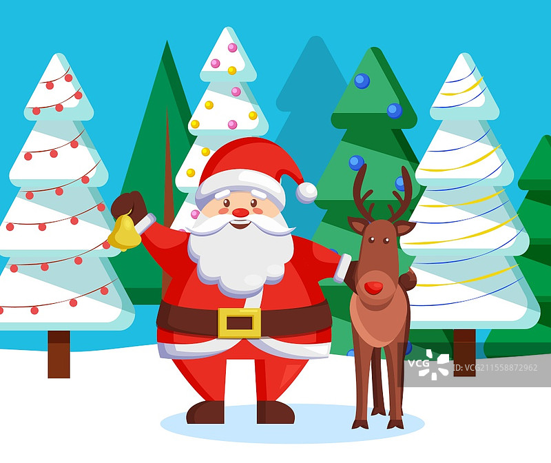 圣诞老人和驯鹿在冬季风景中。鹿和圣尼古拉斯带着铃铛和弓。装饰着花环和球饰的松树森林。圣诞节和冬季假日庆祝矢量图。冬季假日角色：圣诞老人和驯鹿。图片素材