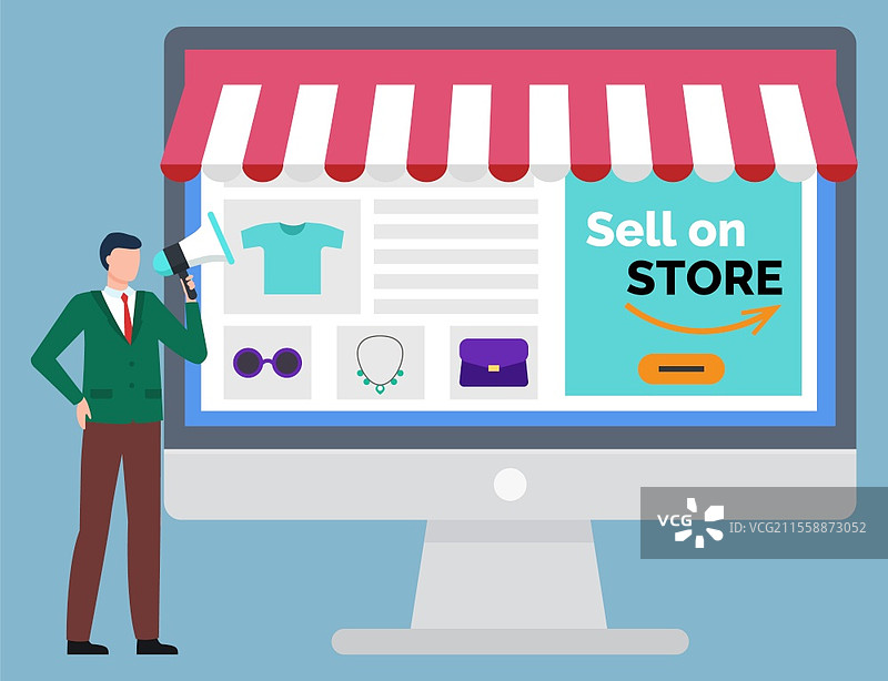 在商店销售，在线购物。电脑显示器，打开了商品网站。一个人站在扬声器旁。电子商务和互联网购物，全球物流国际商业矢量插图。在商店销售，电子商务概念矢量电脑。图片素材