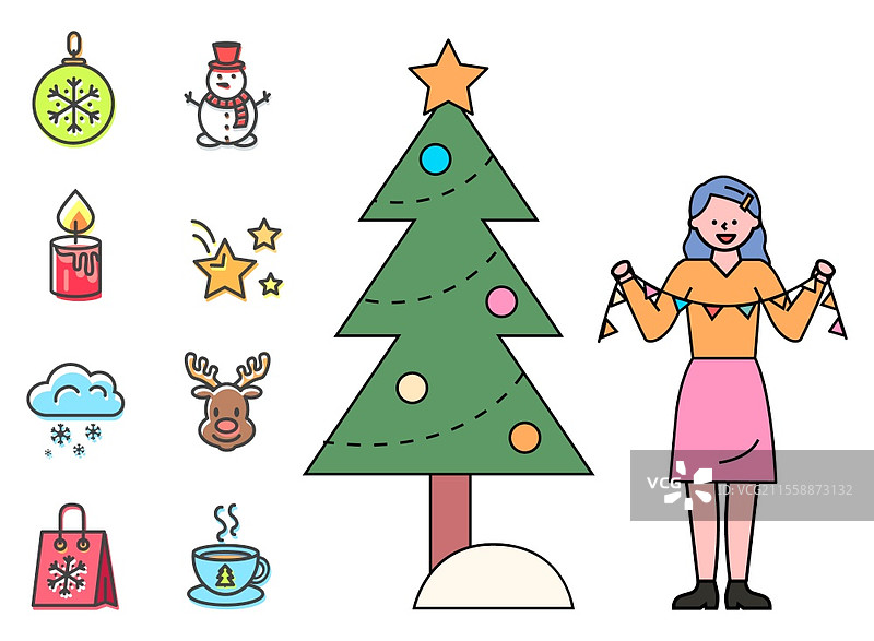 圣诞准备矢量图，孤立的平面风格圣诞图标集合。女人与松树上的花环。带雪花装饰的球，雪人和点燃的蜡烛。星星和鹿的图像，热茶杯。圣诞节装饰松树图标。图片素材