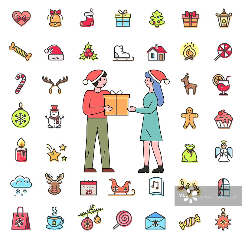 平面风格的圣诞图标集。人们在冬季假期互赠礼物。男人和女人被装饰球和糖果包围，雪人和圣诞帽。铃铛和礼物，星星和便条。人们互赠礼物和圣诞图标集。图片素材