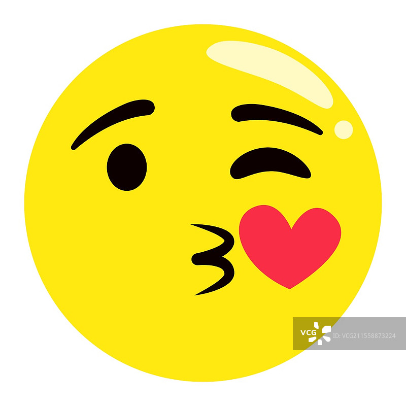 亲吻表情符号矢量图，孤立的眨眼和送吻的扁平风格表情。快乐的黄色脸庞，带有心形和闭眼，表达爱的角色。光头可爱角色传达甜蜜的情感。亲吻表情，表情符号贴纸。图片素材