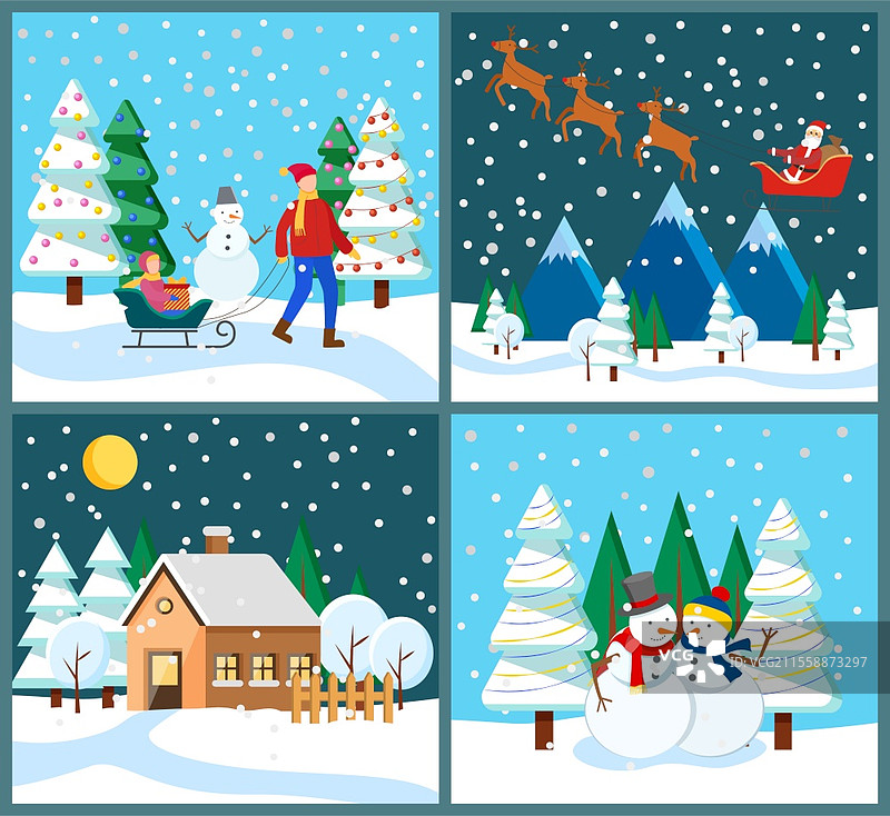 冬季假期活动。圣诞老人和驯鹿在夜空中飞翔。爸爸和孩子在雪橇上抱着礼物。男性和女性角色的雪雕。被雪覆盖的城镇房屋矢量图。冬季假期，圣诞老人与驯鹿和家庭。图片素材