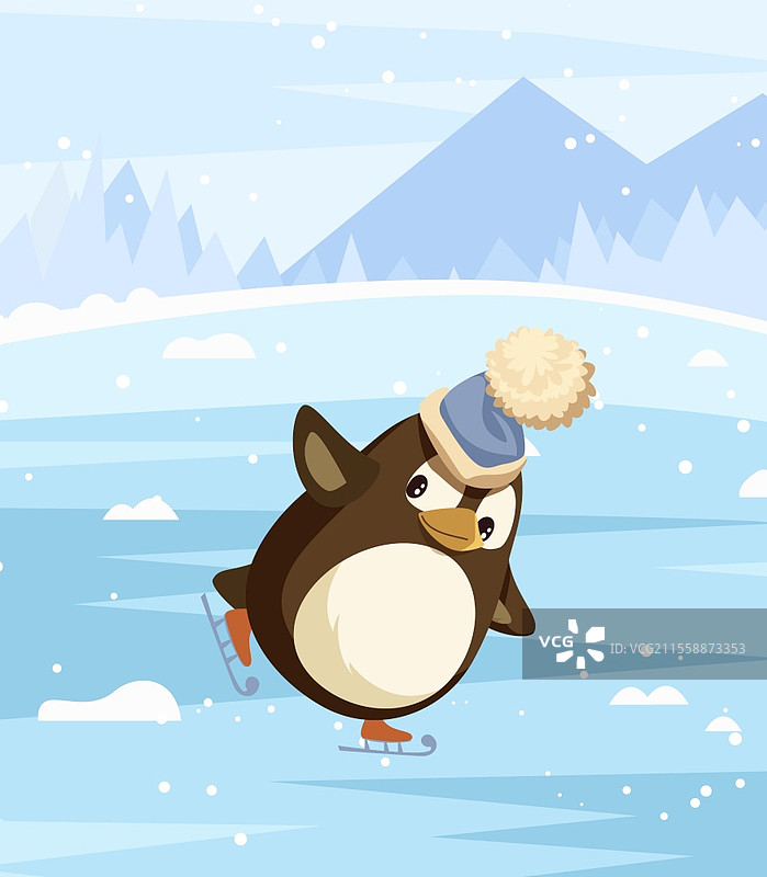 企鹅戴着温暖的帽子在户外滑冰。冬季活动和远处的山脉与树木的风景。动物在冰场上穿着特制的靴子保持平衡。平衡的小鸟贺卡。冬季冰场上的企鹅滑冰矢量图。图片素材