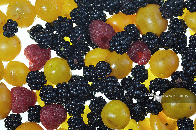 米拉贝尔李（Prunus domestica subsp. syriaca）、覆盆子（Rubus idaeus）、黑莓（Rubus fruticosus）、菜肴、克拉福提的制作、烹饪、贝尔福，贝尔福地区，法国图片素材