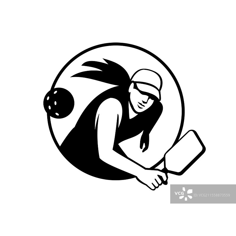 复古风格插图，描绘了一位女性皮克球运动员，皮克球是一种结合了网球、羽毛球和乒乓球元素的球类运动，背景为黑白色的圆形孤立图案。图片素材