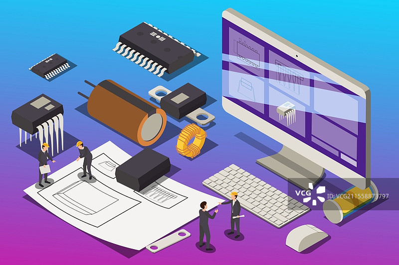 半导体元素生产等距构图，展示了项目工作场所的电脑和小型工人与硅芯片的矢量插图。半导体项目设计构图图片素材