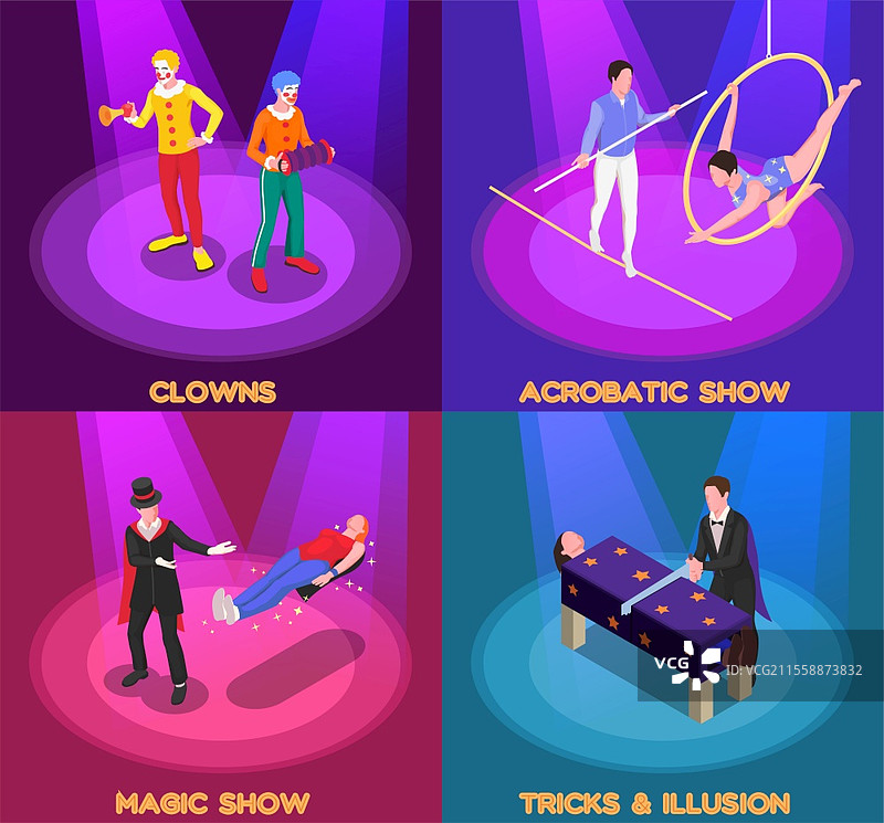 马戏表演概念等距图标集，包含小丑和魔术表演符号，独立的矢量插图图片素材