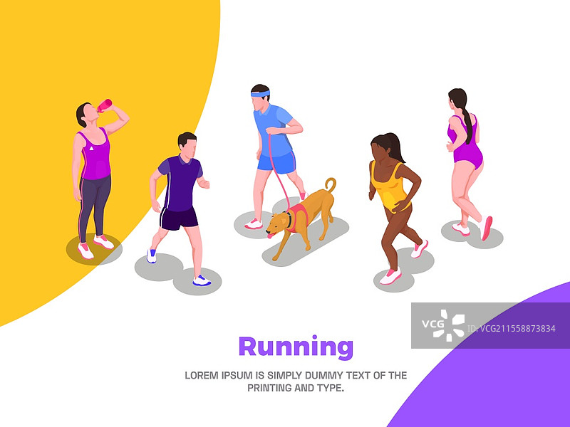 跑步者海报与有氧运动符号等距矢量插图。跑步者海报图片素材