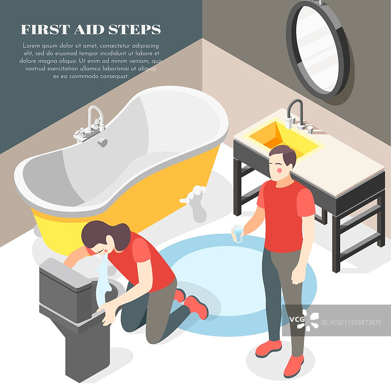 食物中毒腹泻呕吐的急救步骤，背景为等距浴室，提供水杯的矢量插图图片素材