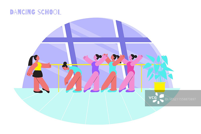 舞蹈学校的拉伸平面构图，室内场景和舞蹈导师，女性舞者角色的矢量插图图片素材