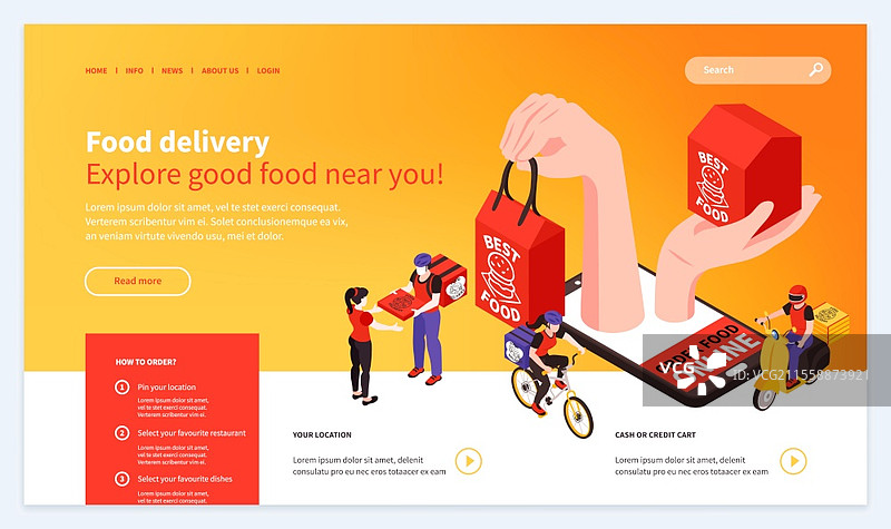 在线订购新鲜食品的免费送货服务等距网站设计，手持餐盒的插图图片素材