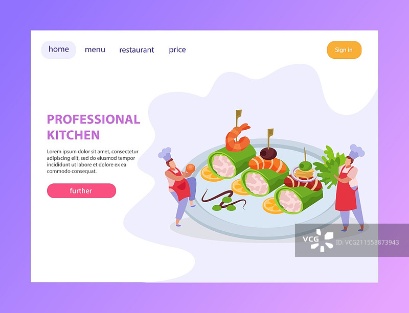 专业厨房着陆页，带有可点击按钮、可编辑文本链接和美食菜肴图片，以及厨师插图图片素材