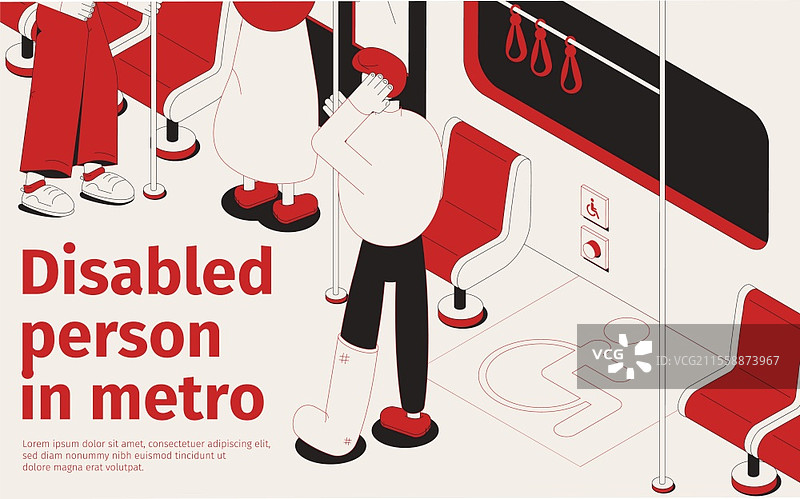坐在残疾人座位上的腿部骨折者在地铁中旅行的3D等距插图图片素材